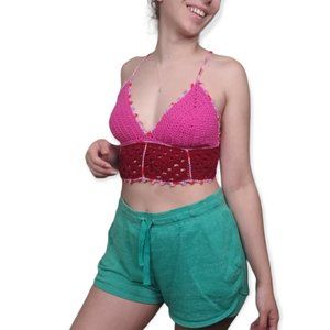 Crochet Crop Top HANDMADE size M/L Pink Red Granny Square Bralette Corset Back